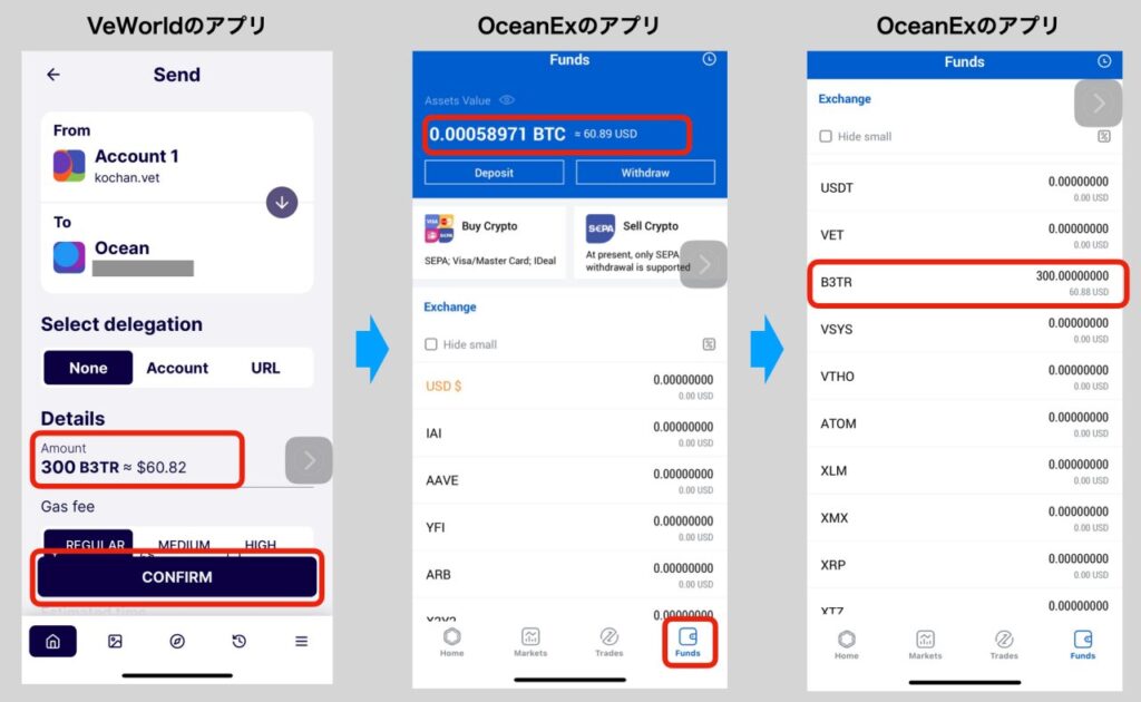 VeWorldのウォレットからDEXのOceanExにB3TRを送金する