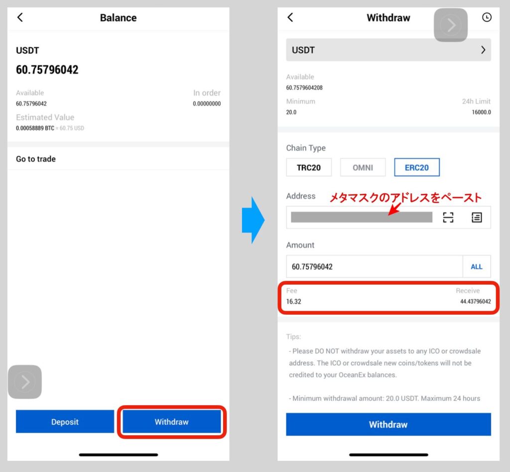 OceanExでB3TRをVETに変換、さらにVETをUSDTに変換してメタマスクに送金する