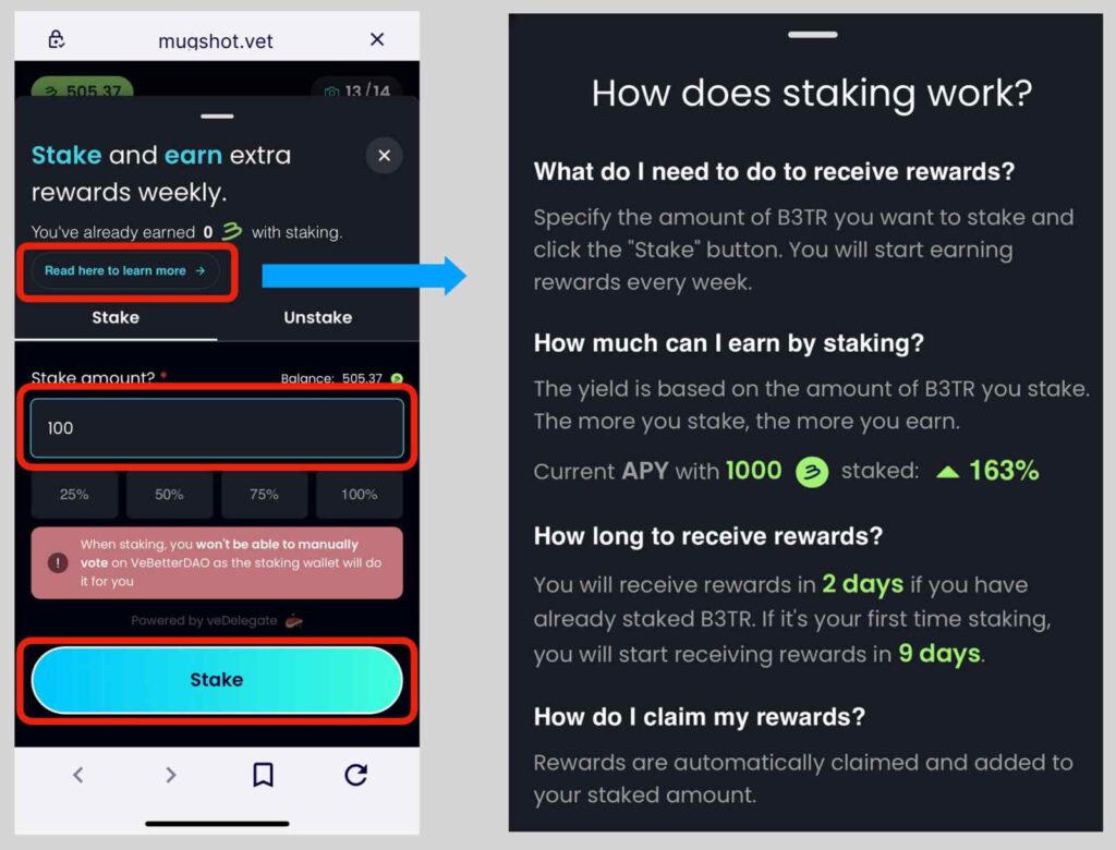 MugShotのアプリ（Dapp）でB3TRをステーキングする方法
